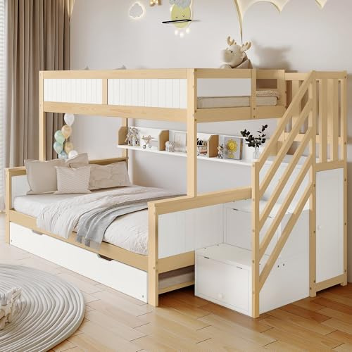 Cayipng Letto a castello 90x200 e 120x200,lettino per bambini,con protezione anticaduta e griglia,progettato con tre posizioni letto,con letto estraibile,con armadio,scala ad angolo,bianco+naturale