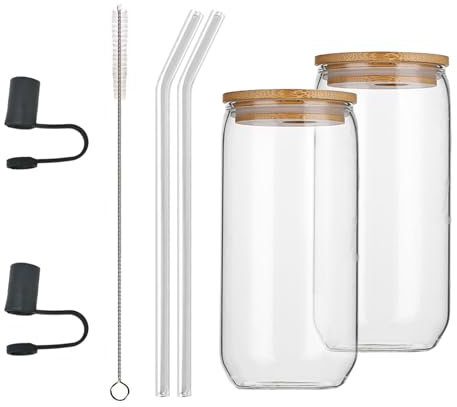 Transparent Can Glass Cups with Wooden Lid and Glass Straw 480ml Reusable Can Shaped Drinking Glasses 2pcs Beer Glasses Iced Coffee Glasses Clear Cute Tumbler Cup for Juice Coffee Cocktail Whiskey