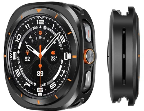 Suphart Metallfodral kompatibla med Samsung Galaxy Watch Ultra (2025/2024) 47 mm fodral, rostfritt stål skyddande fodral robust stötfångare med bakram för Galaxy Watch Ultra, svart/orange