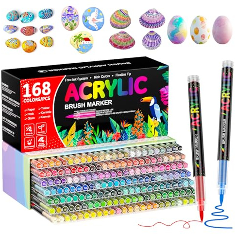 Patamiyar 168 Colores Rotuladores Acrílicos, Marcadores Rotuladores Acrílicos, Acrylic Markers Pintura a Base de Agua con Punta de Pincel de 1-5 mm para Rupestre, Vidrio, Cerámica, Lienzo,Papel,Madera