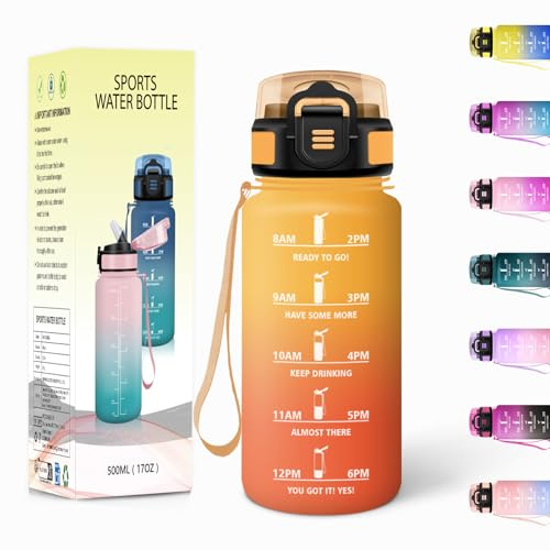Borraccia, 500ML Con Paglia, Borraccia Bambini, Senza BPA, Borracce con Cannuccia, Bottiglia d'acqua Motivazionale con Indicatore del Tempo, Bottiglia Acqua per Scuola, Sport - Giallo&Arancione