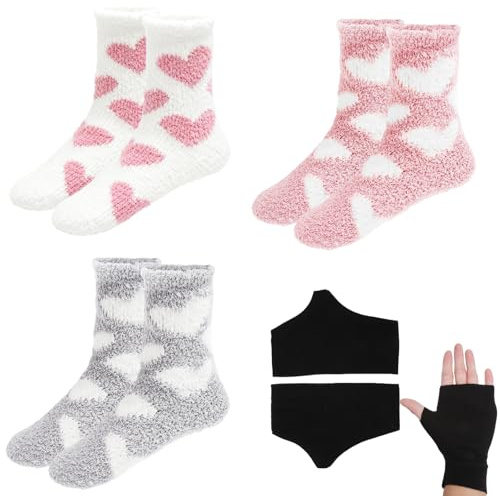 Gosiga strumpor damset, 3 par fluffiga gosiga strumpor med hjärtmönster + 1 par halvfinger-handskar fluffiga strumpor av korallfleece EU 36–42 varma strumpor kvinnor för vinter kontor och jul