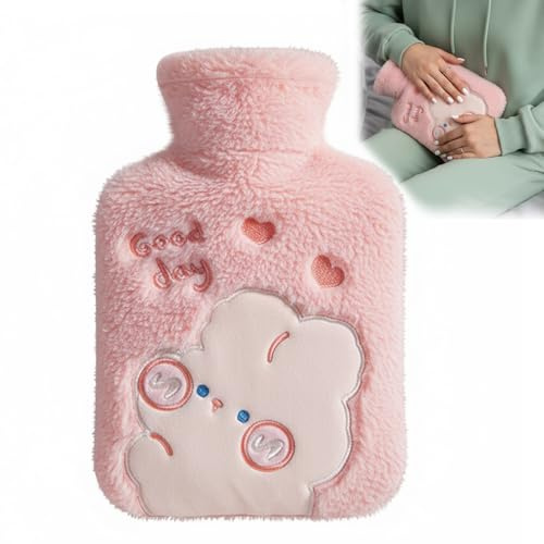 Bolsa De Agua Caliente Con Funda, 1L Botella De Agua Caliente De Goma, Bolsa De Agua Caliente Peluche, Calentador De Manos, Suave Forro De Algodón, Invierno Para Familia,Novia (Rosa)