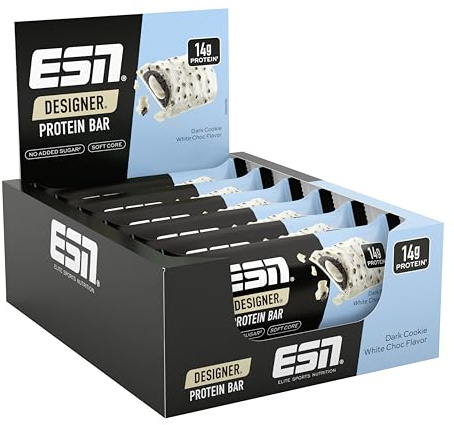 ESN Designer Bar Box, Galleta oscura de chocolate blanco, 12 x 45 g | El snack ideal con hasta 14 g de proteína por barrita, fabricado en Alemania