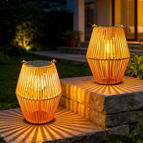 Ollny 2 farolillos solares para exteriores, de ratán, estilo bohemio, colgantes, de pie, lámparas solares para balcón, terraza, jardín (blanco cálido)