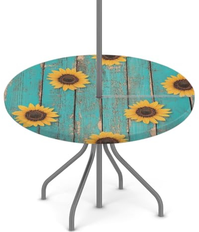 Myfsucce Outside Waterproof Table Cloth with Umbrella Hole Zipper Sunflower Turquoise Wood Elasticated Garden Tablecloth with Parasol Hole Fit for Patio Round Table 36-44 in