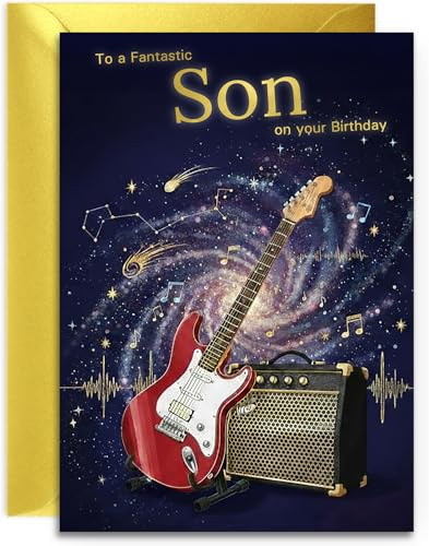 Son Electric Guitar Birthday Card - Music Themed Greeting Card Rock n Roll - Guitar & Amp in Musical Space Design - For Him - A5 Size Card with Gold Envelope