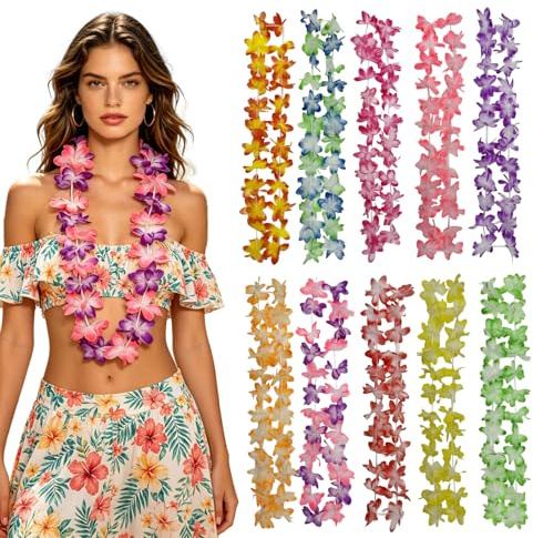 FOSDICK 10 Pezzi Collane Hawaiane, Multicolori Collana Hawaiana, Tropicali Ghirlanda Hawaiana, Ghirlande Hawaiane, Ghirlande di Fiori Hawaiani per Matrimonio Vacanze Spiaggia a Tema Feste Decorazioni