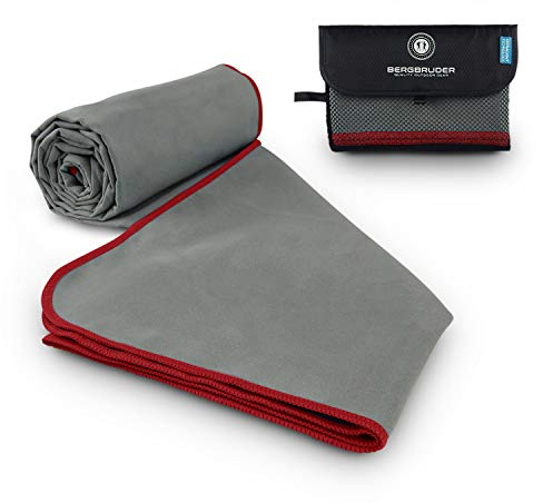 BERGBRUDER Mikrofaser Handtücher - Ultraleicht, kompakt & schnelltrocknend - Strandtuch, Badetuch Set mit Tasche (Set SL = 1x S 80x40 cm & 1x L 160x80 cm, Grau-Rot)