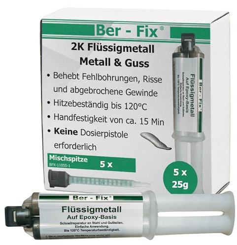 Ber-Fix 2K Flüssigmetall 5x 25g + 5 Spitzen, hitzebeständig bis 120°C, starker Metallkleber & Metallspachtel, ideal für Metallreparaturen
