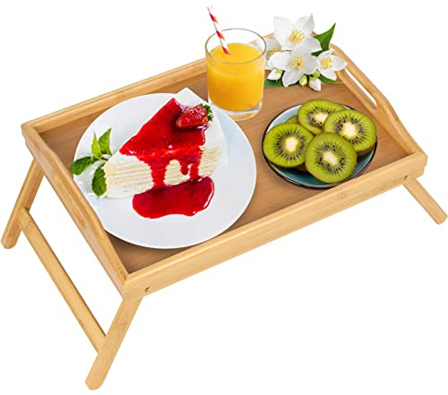 Bed Tray Table Folding Legs with Handles Breakfast Food Tray for Sofa,Bed,Eating,Drawing,Platters Serving Lap Desk Snack Tray (Bamboo Medium)