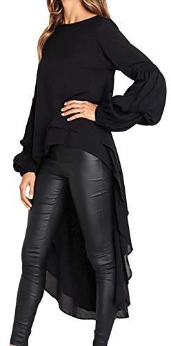 Blusas Gasa Larga Mujer Tallas Grandes Camisa Volantes Mujer Blusones Camisetas Manga Larga Mujer Top Blusa Señora Talla Grande Camisas Camisero Mujeres Blouse Trabajo Mujer Oversize Holgada Negro L