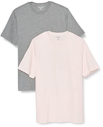 Amazon Essentials T-shirt en Coton à Col Rond à Manches Courtes, Coupe Classique Homme, Lot de 2, Gris Chiné/Rose Pâle, XL