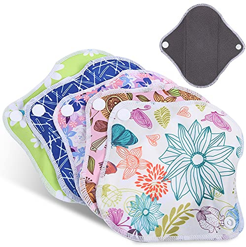 Serviettes Menstruelles Réutilisables 5 Pièces, Ensemble de Serviettes Hygiéniques Lavables en Tissu de Fibre de Charbon de Bambou Imperméable