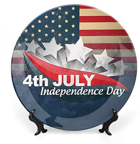 LIGUTARS Ceramic Plates, 4th of July Decor Decorative Ceramic Plates, US Flag Independence Day Print, 10 Inch, for Dining, Parties, Wedding, Multi