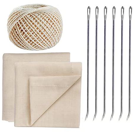 XZEIT Confezione da 9 aghi per arrostire la carne da macellaio, in acciaio inox, per fissare l'ago in acciaio inox, spago da cucina e garza per legare la carne, il pollame, il maiale, l'arrosto di tac