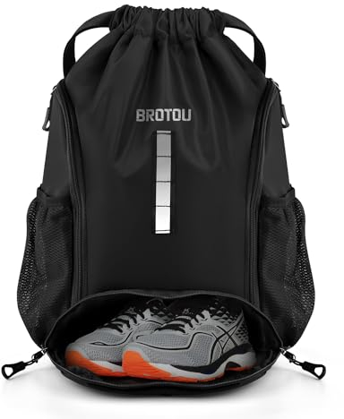 BROTOU Turnbeutel Sportbeutel Fußballtasche Rucksack Kordelzug Sporttasche mit Schuhfach Tunnelzug Gymsack Wasserfest Sporttasche für Herren Damen Kinder Jugend (Schwarz)