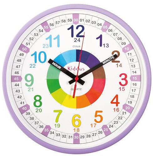 Kiddus Orologio da Parete Didattico per Bambini, Ragazzi. Analogico. Diametro 30cm. Con Esercizi per Imparare a Leggere l’Ora. Movimento al Quarzo Silenzioso.