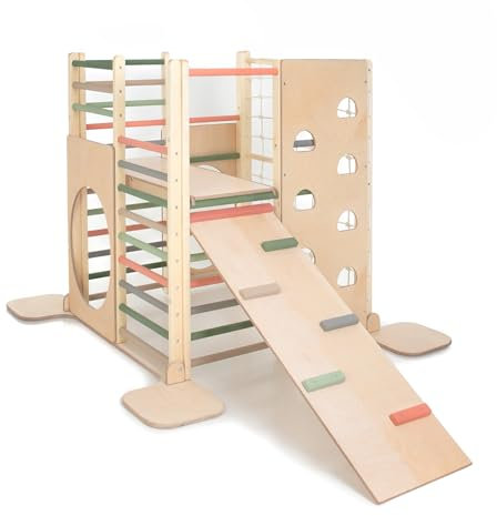 HOMEforDREAMS Torre da arrampicata quadrata in legno ispirata ai Montessori per bambini piccoli: parco giochi pieghevole al coperto con accessori (spazio forestale, con bordo interno e tavola da