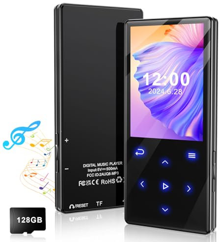 Gueray Reproductor de MP3 de 128GB con Bluetooth 5.0 Reproductor de Música Portátil Digital con Sonido HiFi Altavoz Incorporado Soporte Radio FM Grabadora de Voz Tarjeta TF