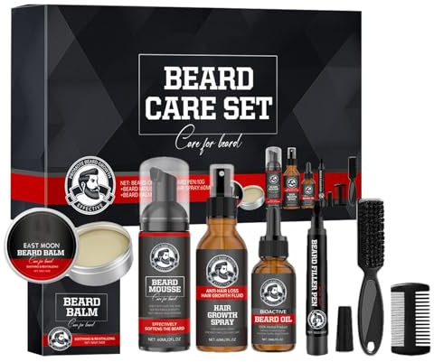 Set per la cura della barba, 7 kit per la cura della barba, balsamo condizionante incluso, spray da 60 ml, mousse da 60 ml, olio da 30 ml, riempitivo per barba da 10 g, spazzola da barba, pettine nero