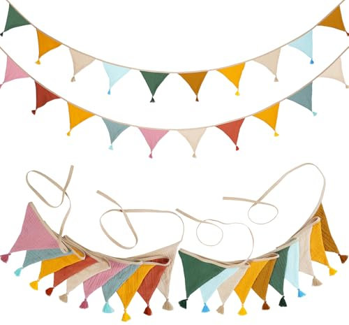 LPZMPZ Wimpelkette Kinderzimmer Stoff 2 Stück Musselin Baumwolle Stoff Wimpelkette mit Quasten, Girlande Kinderzimmer Deko zum Aufhängen, für Hausbett Deko, Wanddeko Geschenk, Babyzimmer