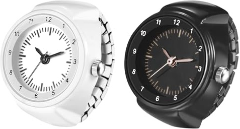 JewelryWe Reloj de anillo analógico para mujer, de cuarzo, elástico, anillo de pulsera, regalo para niñas, negro, blanco, rojo y rosa, Liso - Juego de 2 unidades