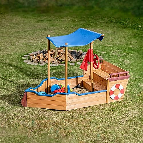 GFDGFD 63 Large Wooden Pirate Ship Sandbox with Cover, Waterproof Canopy & Storage Bench, Sturdy Sand Pit with Rudder & Steps for Children Ages 3-8, Play Equipment for Backyard & Garden
