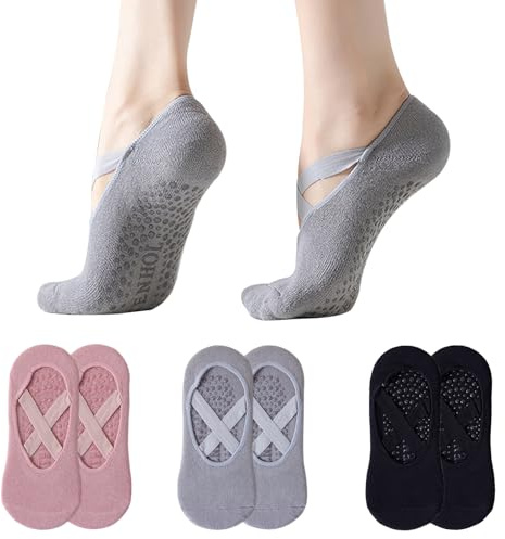 Wlleoaa 3 Pairs Non-Slip Pilates Socks for Women, Pilates Socks, Yoga Grip Sock with Silicone Grips, Pilate Yoga Grip Sock, Ideal for Pilate, Fitness, Barre, Ballet, Barefoot Workout, Dance