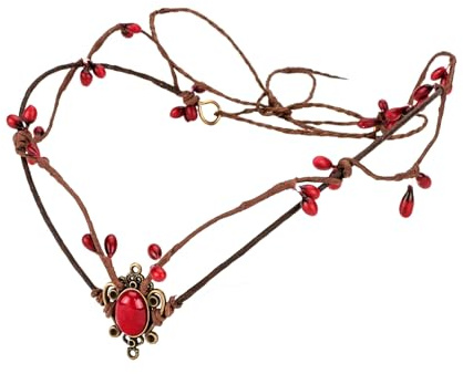 Merroyal Vintage Style Fantasy Crown Headband with Gemstone Pendant, Leather Cord, Decorative Beads for Renaissance Cosplay