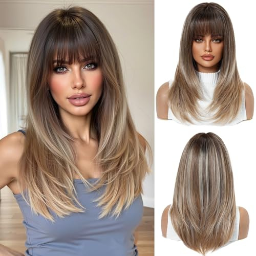 OUFEI Pelucas Rubias Mixtas Ombre para Mujeres Peluca Larga y Lisa de Largo Medio con Flequillo Pelo Sintético Pelucas Resistentes al Calor para Uso Diario Fiesta Cosplay