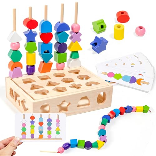 LTFIOON Montessori Giocattoli, 3-in-1 Giocattoli con Perline in Legno, Infilare Giocattolo, Giochi educativi per Ragazzi e Ragazze 2 3 4 5 Anni