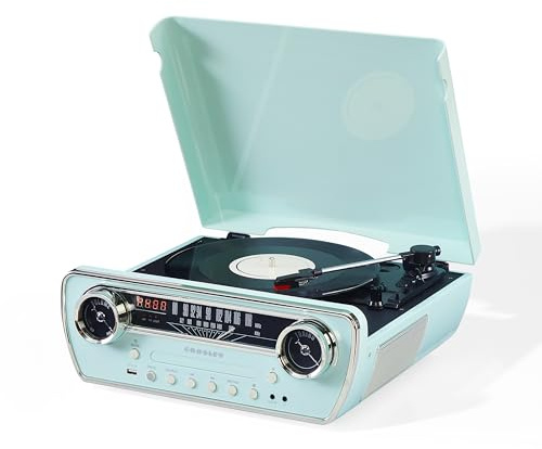 Crosley Powel 7-in-1 Record Player with Speakers & CD Player - Vintage Car Design Bluetooth Turntable Entertainment System with AM/FM Radio - Retro Aqua Style for Vinyl, Digital & Wireless Music