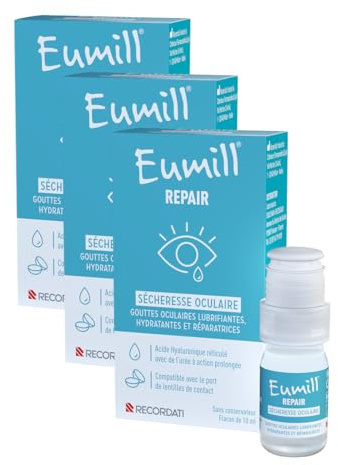 EUMILL | Repair | Sécheresse oculaire | Gouttes oculaires lubrifiantes, hydratantes & réparatrices | Acide hyaluronique réticulé | Compatibles avec lentilles de contact | Lot de 3 flacons x 10ml