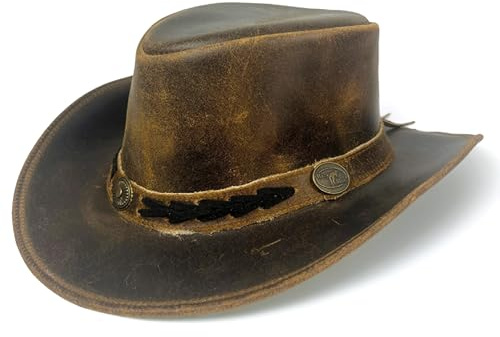 Hazy Blue Detroit Real Leather Cowboy Hat Mens - Tan Brown Western Hat Style Australian Bush Hat with Shapeable Brim