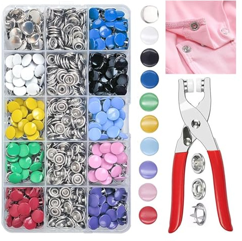 Snap Button Fastener Kit, 200 Set Press Stud Tool Kit with Fastener Pliers, 9.5mm Press Studs Metal Snap Fasteners No Sewing, Poppers Fasteners Kit for Clothing, Bags, DIY Crafts, 10 Colour