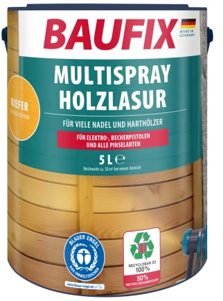 BAUFIX Lasure Bois Multi-Spray pin, satinée brillante, 5 litres, Lasure pour bois, A pulvériser sur les bois de résineux et de feuillus, pour les pistolets électriques et pistolets à gobelet