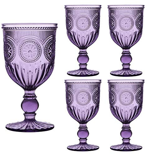 Dibor Wine Glasses Set of 4 Purple Embossed 300ml Drinking Goblets Alfresco Dining Glassware