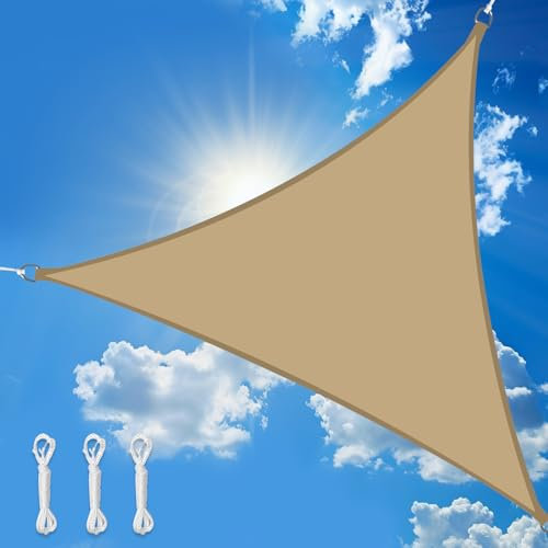 wiipara 3x3x3m Sonnensegel Dreieck, Wasserdicht Sonnenschutz Segeltuch Sunsegel, 95% UV Schutz, Regenschutz, Premium Polyester Sonnensegel für Balkon Terrasse Garten, inkl. Befestigungsseile (Sand)