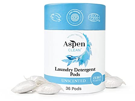 AspenClean Unscented Laundry Pods - 100% Natural & Vegan Laundry Detergent Pods - Sensitive Skin Laundry Detergent - Safe for Babies, Pets & Kids - EWG Verified & A Rated - 36 Loads