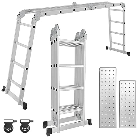 Cecaylie Escalera Multiusos de Aluminio, 470 cm, 4 x 4 m, Escalera Plegable Multifuncional con 2 Placas de andamio y 2 Ruedas, 12 peldaños, Escalera 7 en 1, Estable y portátil