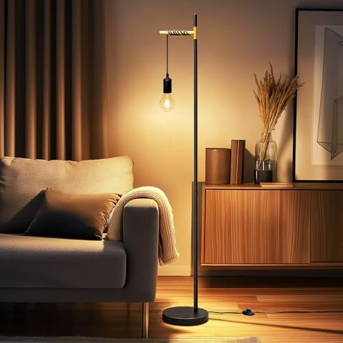 Aigostar Lampada da Terra Retrò con Attacco E27 - Lampada in Metallo per Soggiorno Moderno， Interruttore a Pedale， Cavo 180cm， Design Sospeso (Senza Lampadina) - Colori Nero/Oro