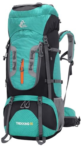 Bseash 80L Wasserdichter Wanderrucksack mit Regenschutz, leichter Outdoor-Sport, Reisen, Tagesrucksack für Klettern, Touren (Seegrün)