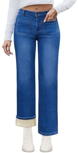 LOOKUB Fleece Lined Jeans Women Straight Leg High Waist Stretchy Jeans Winter Thermal Denim Pants for Women with Patch Pockets,Darkblue,US6