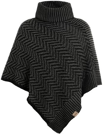 KNIT FACTORY - Amber Gestrickter Poncho - Damen Strickponcho mit Rollkragen - Umschlagponcho mit Fisgrätmuster - Damen Poncho aus Wolle und Polyacryl - Hochwertige Qualität - Schwarz/Anthrazit