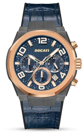 DUCATI DT006 Orologio cronografo - Quadrante blu multistrato da 43,5 mm, cinturino in pelle blu con base in silicone, resistente all'acqua fino a 50 m, accenti audaci in oro rosa per gli appassionati
