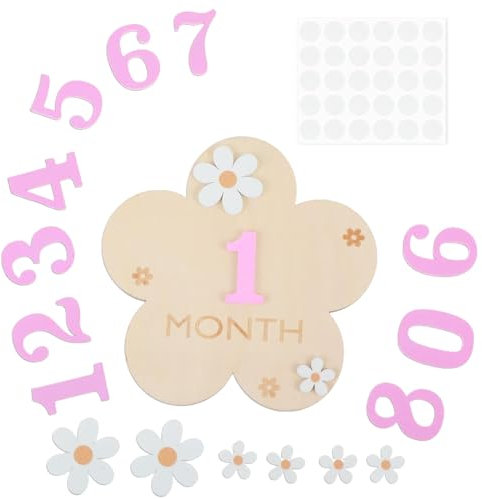 FEQDWOX 1 Pcs Baby Monatliche Meilenstein Karten mit Klebepunkten Blumen-Stil Baby Meilensteinkarten Holz Foto Requisiten für Kleinkinder von 0-12 Monaten Babyparty Wachstumsaufzeichnung