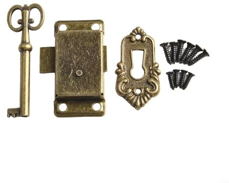 Bulevisiter Cerradura de puerta antigua, juego de cerradura vintage que incluye cerradura y llave antiguas, cierre de caja clásica para joyeros, armarios, cajones (bronce verde)