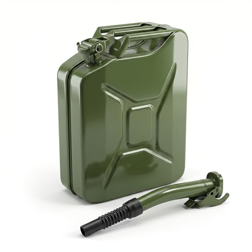MAKA Tanica Benzina in Metallo con Beccuccio, Verde Militare e Presa Ergonomica, Bidone Carburante con Chiusura di Sicurezza, Antiruggine Certificata UN Trasporto Merci Pericolose (20 Litri)
