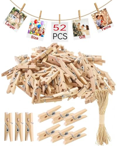 52 pezzi Mini Mollette,3CM Mollette Legno Piccole,Mollettes per Foto,con 10 Metri di Corda Juta,Mollettes Piccole Legno Per Collage di Foto,Cartoline e Decorazioni Espositive di Foto